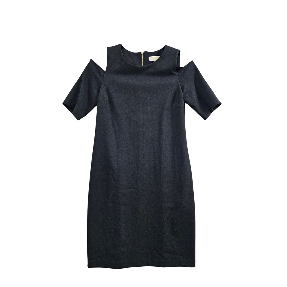 Michael Kors Cold Shoulder Dress‎ Women's S Black Sheath Exposed Gold Zipper LBD